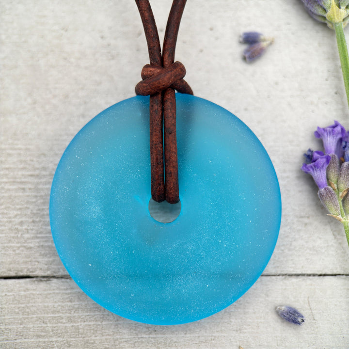 Aqua Blue Glass Necklace - Cultured Faux "Sea Glass" Donut - Rustic Brown Leather - Turquoise Ocean Sky Blue - Tropical Island Beach Vibes - SunlightSilver