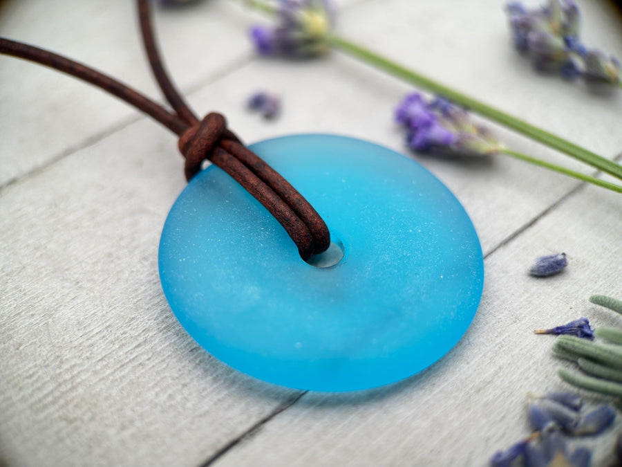 Aqua Blue Glass Necklace - Cultured Faux "Sea Glass" Donut - Rustic Brown Leather - Turquoise Ocean Sky Blue - Tropical Island Beach Vibes - SunlightSilver