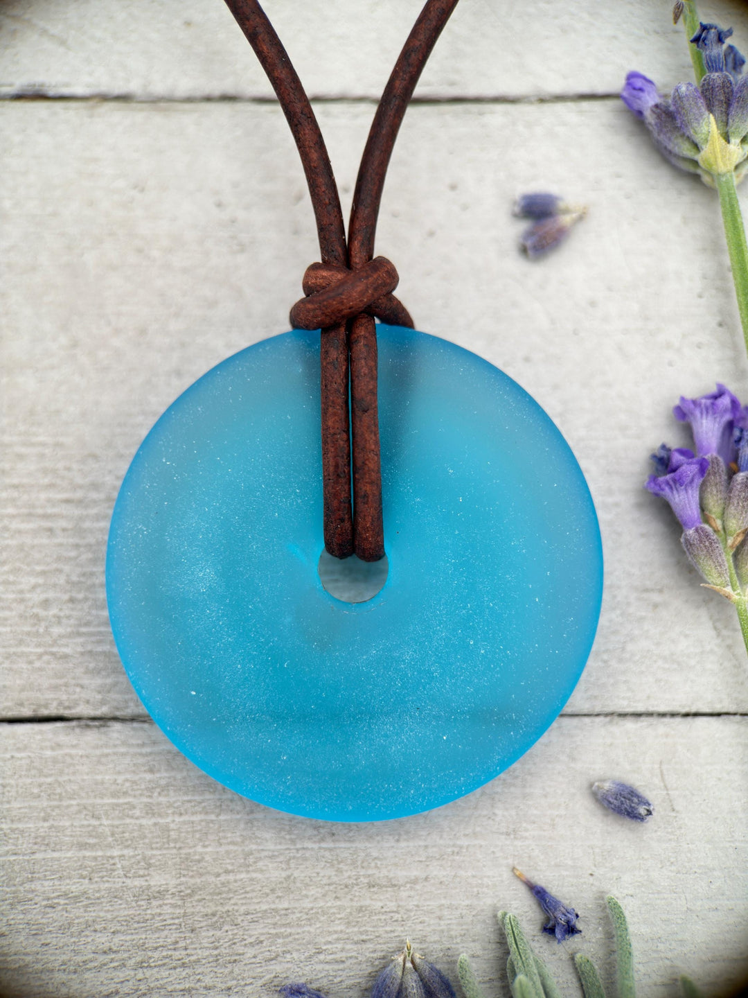 Aqua Blue Glass Necklace - Cultured Faux "Sea Glass" Donut - Rustic Brown Leather - Turquoise Ocean Sky Blue - Tropical Island Beach Vibes - SunlightSilver
