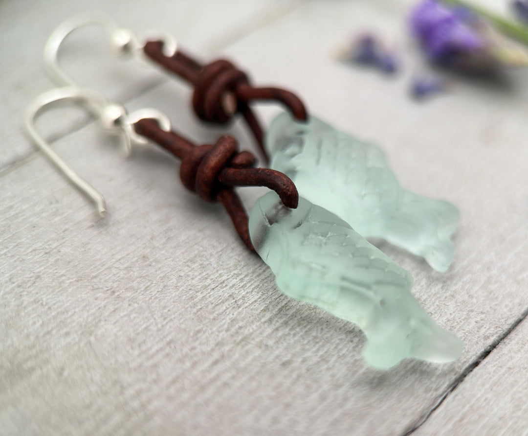 Fish Earrings - Cultured Recycled Faux "Sea Glass" - Rustic Brown Leather - Sterling Silver - Sea Foam Green - Tropical Beach Vibes - SunlightSilver