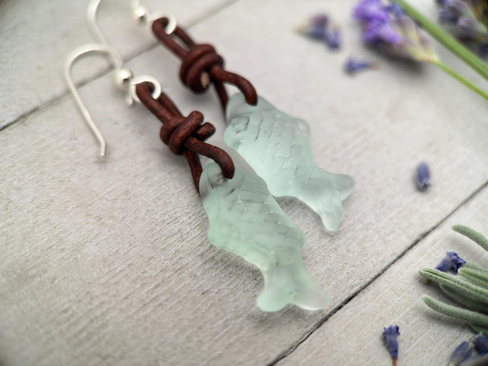 Fish Earrings - Cultured Recycled Faux "Sea Glass" - Rustic Brown Leather - Sterling Silver - Sea Foam Green - Tropical Beach Vibes - SunlightSilver