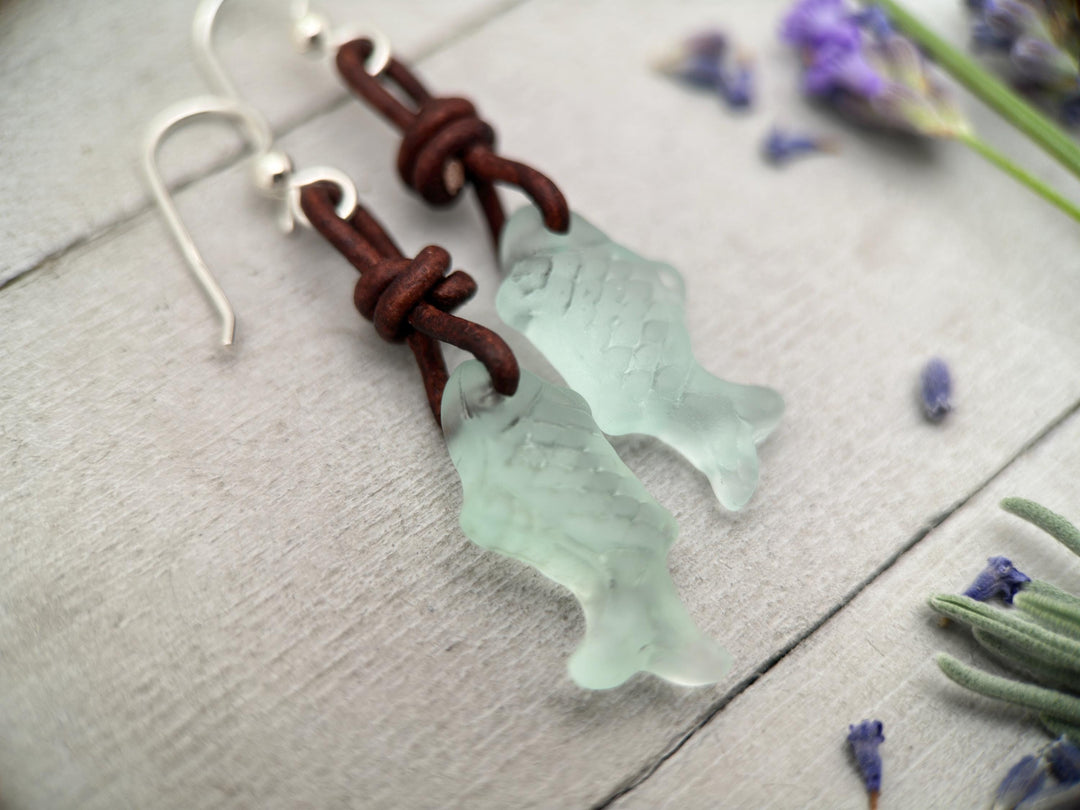 Fish Earrings - Cultured Recycled Faux "Sea Glass" - Rustic Brown Leather - Sterling Silver - Sea Foam Green - Tropical Beach Vibes - SunlightSilver