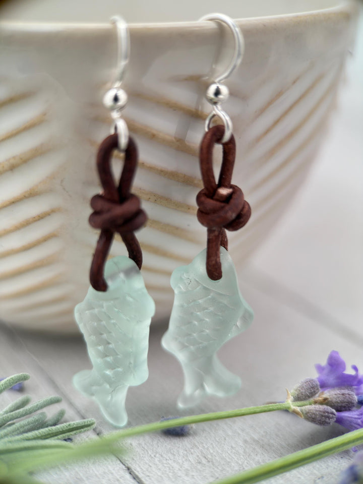 Fish Earrings - Cultured Recycled Faux "Sea Glass" - Rustic Brown Leather - Sterling Silver - Sea Foam Green - Tropical Beach Vibes - SunlightSilver