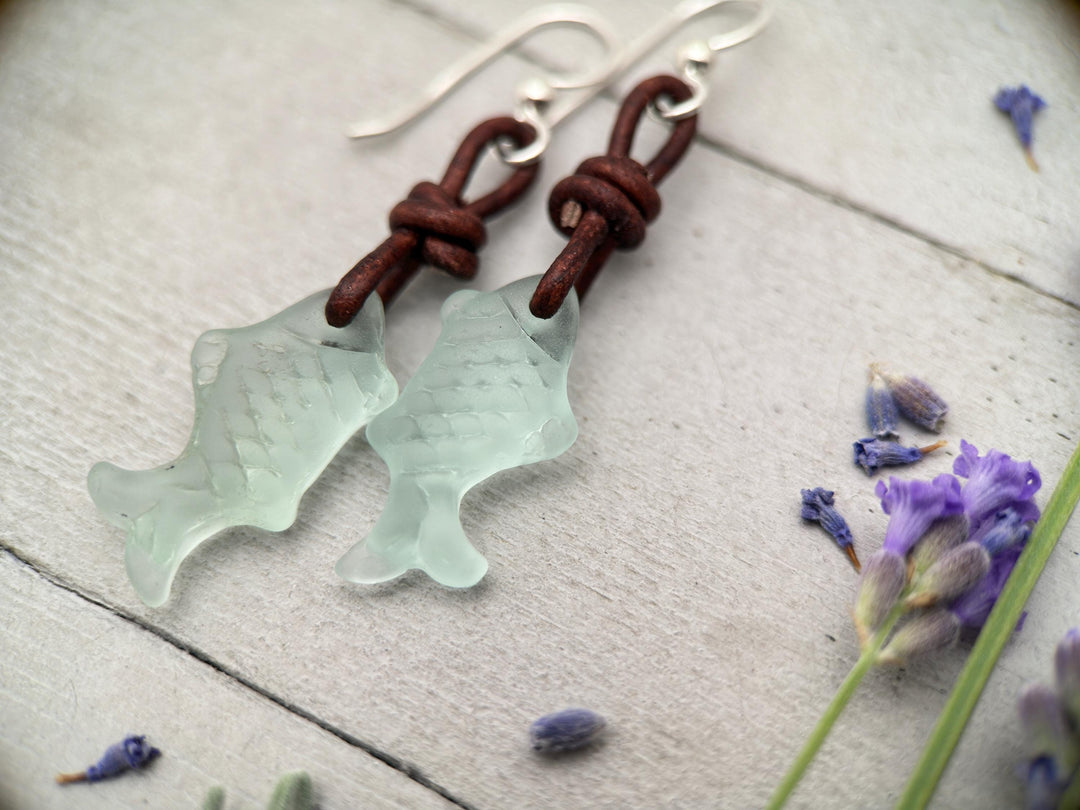 Fish Earrings - Cultured Recycled Faux "Sea Glass" - Rustic Brown Leather - Sterling Silver - Sea Foam Green - Tropical Beach Vibes - SunlightSilver