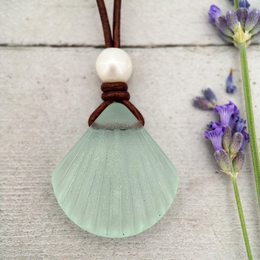 Sea Foam Green Glass Shell Necklace - Cultured Faux "Sea Glass" Seashell - Rustic Brown Leather - Tropical Island Beach Vibes - SunlightSilver