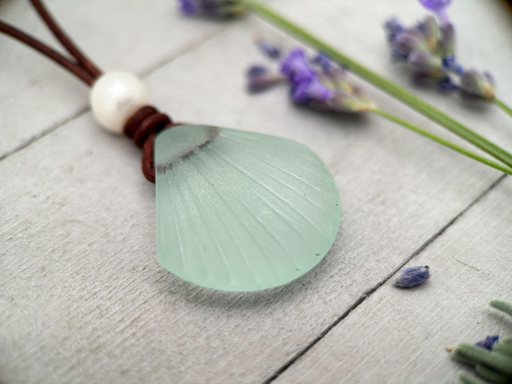 Sea Foam Green Glass Shell Necklace - Cultured Faux "Sea Glass" Seashell - Rustic Brown Leather - Tropical Island Beach Vibes - SunlightSilver