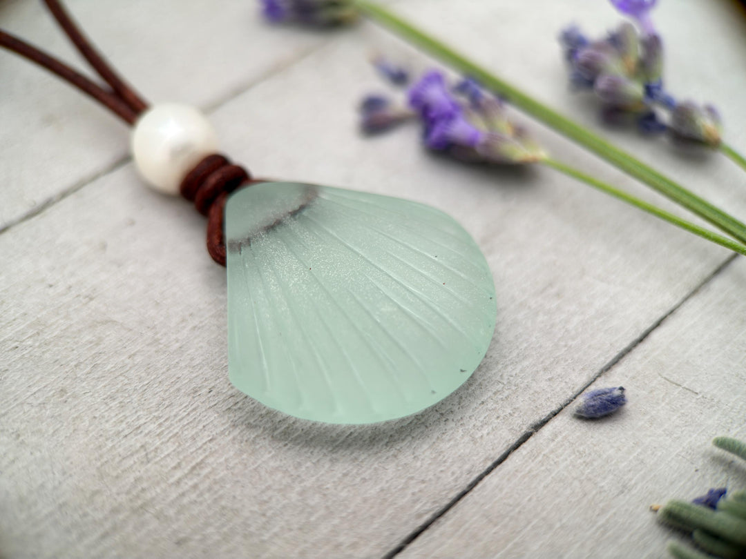 Sea Foam Green Glass Shell Necklace - Cultured Faux "Sea Glass" Seashell - Rustic Brown Leather - Tropical Island Beach Vibes - SunlightSilver