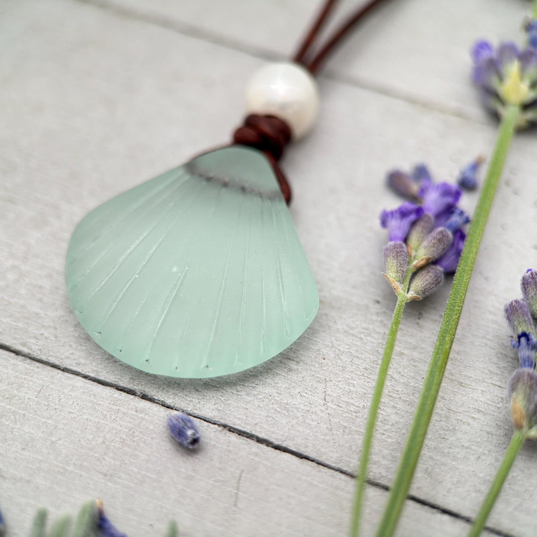 Sea Foam Green Glass Shell Necklace - Cultured Faux "Sea Glass" Seashell - Rustic Brown Leather - Tropical Island Beach Vibes - SunlightSilver