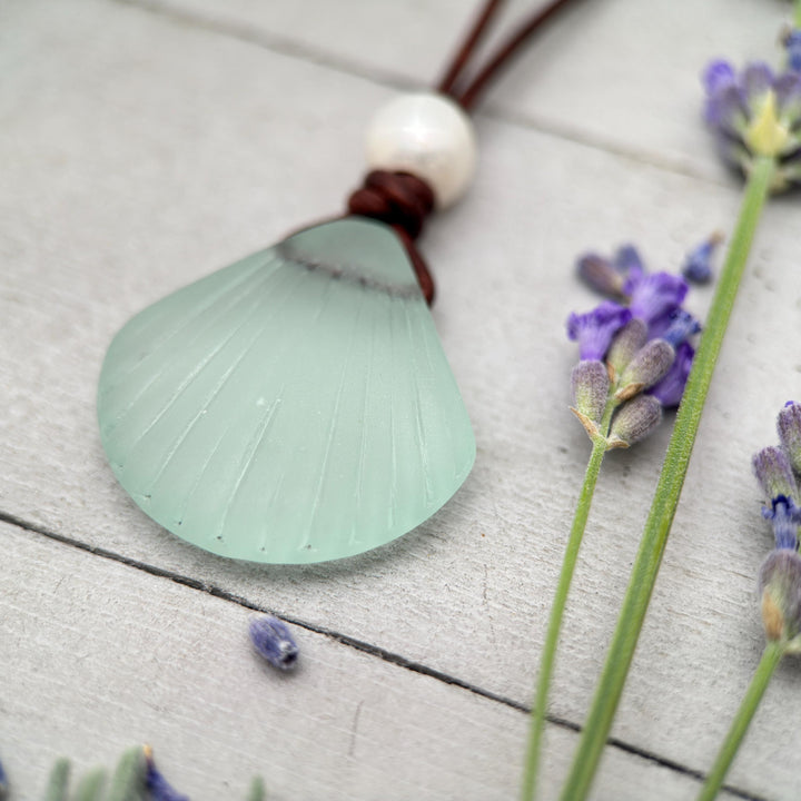 Sea Foam Green Glass Shell Necklace - Cultured Faux "Sea Glass" Seashell - Rustic Brown Leather - Tropical Island Beach Vibes - SunlightSilver