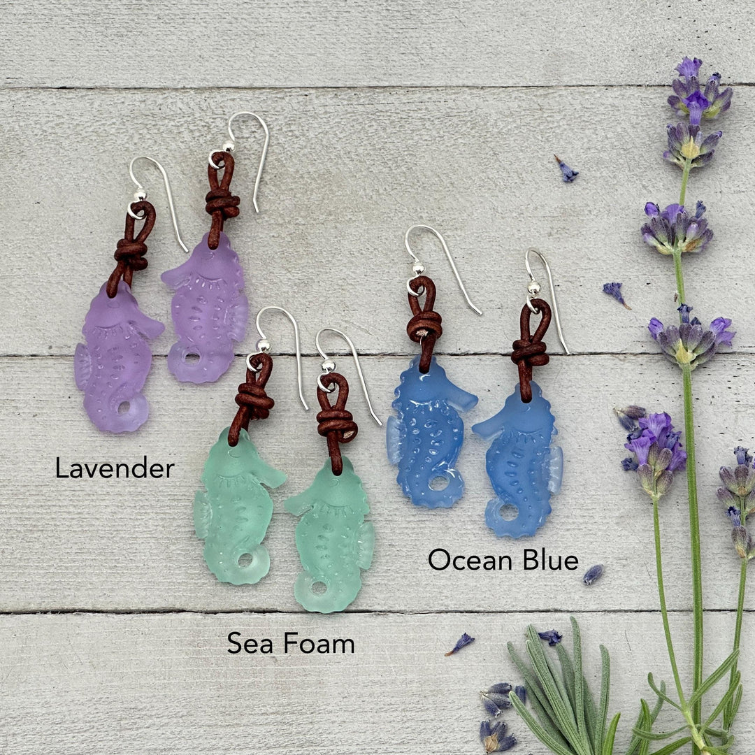 Seahorse Earrings - Cultured Recycled Faux "Sea Glass" - Rustic Brown Leather - Sterling Silver - Choose Your Color - Tropical Beach Vibes - SunlightSilver