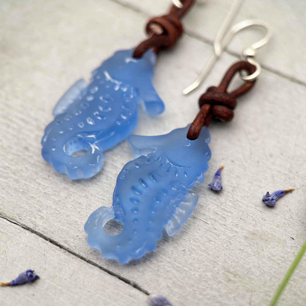 Seahorse Earrings - Cultured Recycled Faux "Sea Glass" - Rustic Brown Leather - Sterling Silver - Choose Your Color - Tropical Beach Vibes - SunlightSilver
