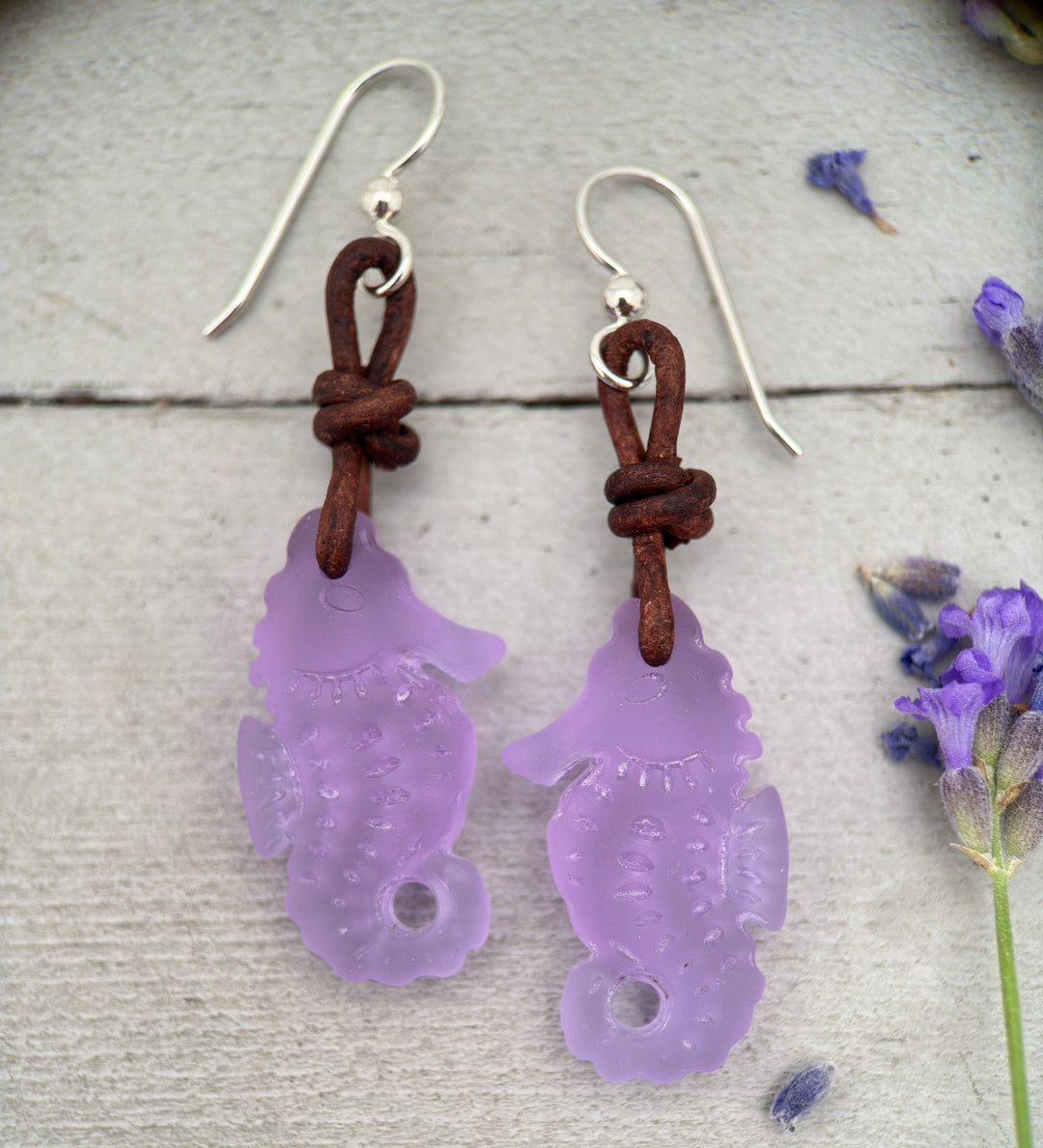 Seahorse Earrings - Cultured Recycled Faux "Sea Glass" - Rustic Brown Leather - Sterling Silver - Choose Your Color - Tropical Beach Vibes - SunlightSilver