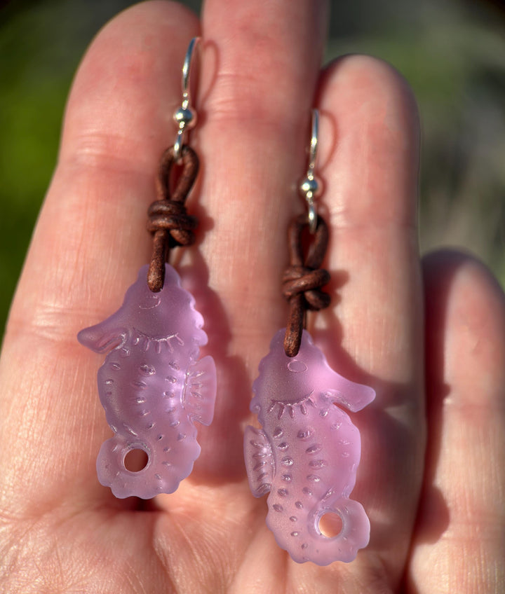 Seahorse Earrings - Cultured Recycled Faux "Sea Glass" - Rustic Brown Leather - Sterling Silver - Choose Your Color - Tropical Beach Vibes - SunlightSilver