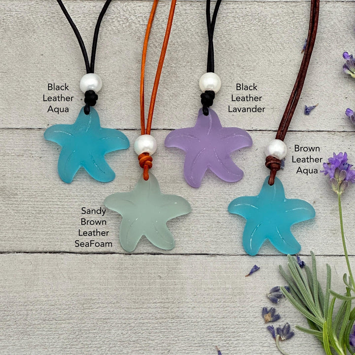 Starfish Pendant Necklace - Cultured Faux "Sea Glass" - Leather - Your Choice of Color - Tropical Island Beach Vibes - SunlightSilver