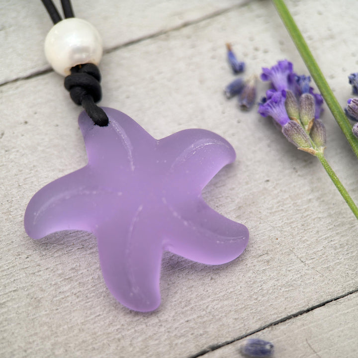 Starfish Pendant Necklace - Cultured Faux "Sea Glass" - Leather - Your Choice of Color - Tropical Island Beach Vibes - SunlightSilver