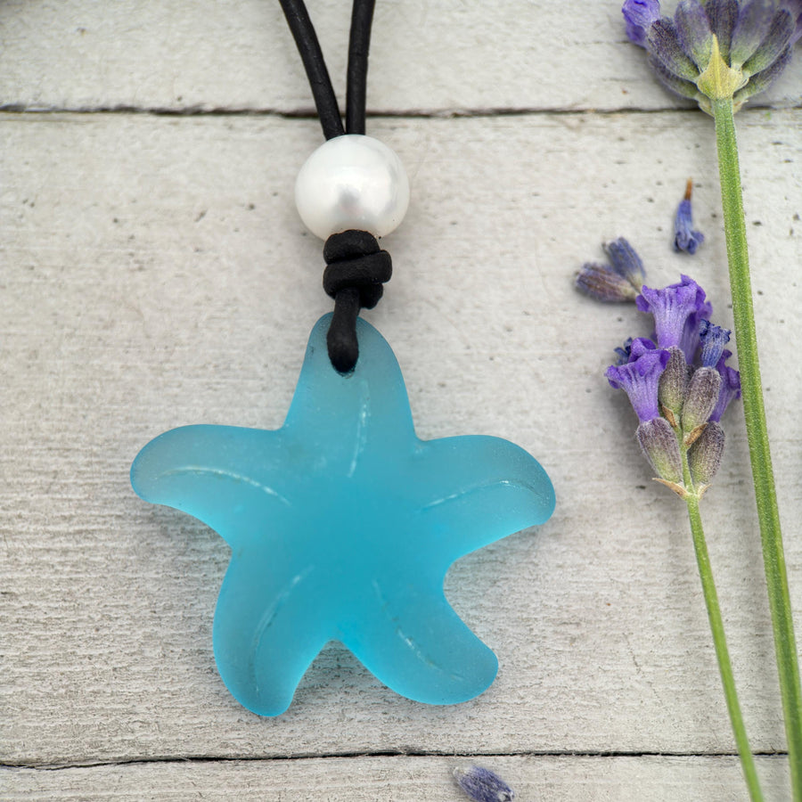 Starfish Pendant Necklace - Cultured Faux "Sea Glass" - Leather - Your Choice of Color - Tropical Island Beach Vibes - SunlightSilver