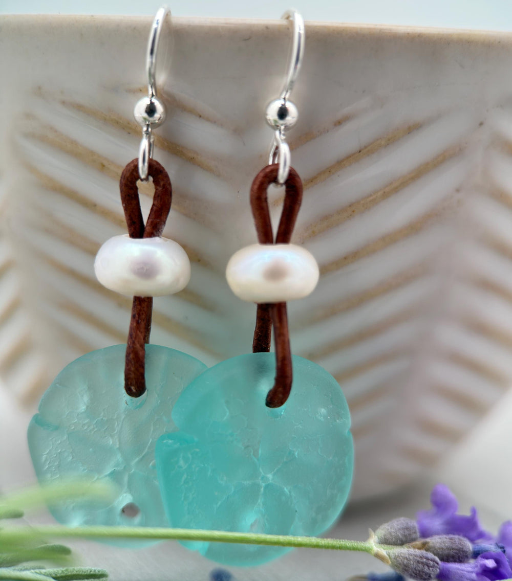Sand Dollar Earrings - Cultured Recycled Faux "Sea Glass" - Rustic Brown Leather - Sterling Silver - Aqua Blue Green - Tropical Beach Vibes - SunlightSilver