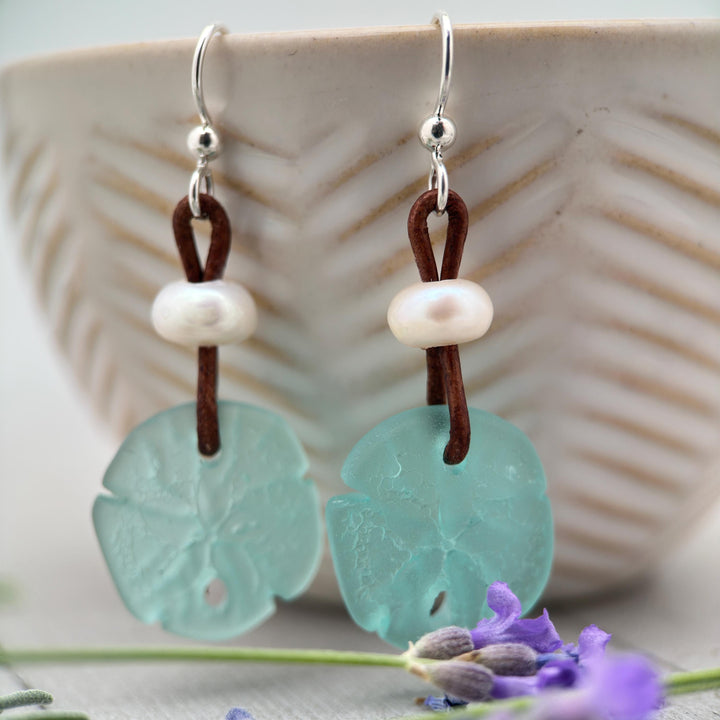 Sand Dollar Earrings - Cultured Recycled Faux "Sea Glass" - Rustic Brown Leather - Sterling Silver - Aqua Blue Green - Tropical Beach Vibes - SunlightSilver
