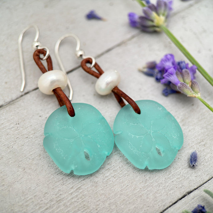Sand Dollar Earrings - Cultured Recycled Faux "Sea Glass" - Rustic Brown Leather - Sterling Silver - Aqua Blue Green - Tropical Beach Vibes - SunlightSilver