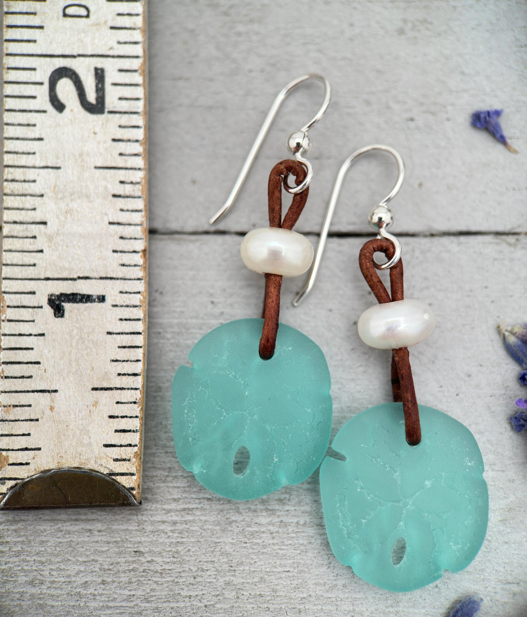 Sand Dollar Earrings - Cultured Recycled Faux "Sea Glass" - Rustic Brown Leather - Sterling Silver - Aqua Blue Green - Tropical Beach Vibes - SunlightSilver