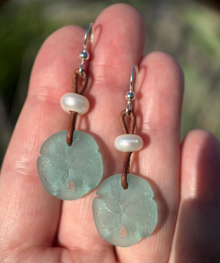 Sand Dollar Earrings - Cultured Recycled Faux "Sea Glass" - Rustic Brown Leather - Sterling Silver - Aqua Blue Green - Tropical Beach Vibes - SunlightSilver