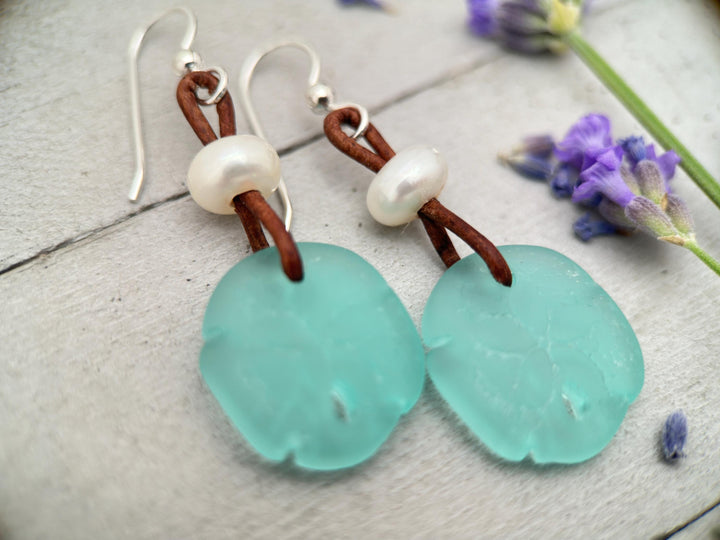 Sand Dollar Earrings - Cultured Recycled Faux "Sea Glass" - Rustic Brown Leather - Sterling Silver - Aqua Blue Green - Tropical Beach Vibes - SunlightSilver