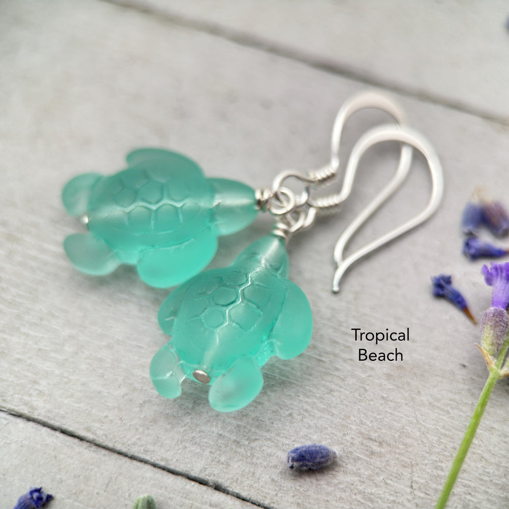 Sea Turtle Earrings - Cultured Recycled Faux "Sea Glass" Tortuga - Solid 925 Sterling Silver - Choose Your Color - Tropical Beach Vibes - SunlightSilver