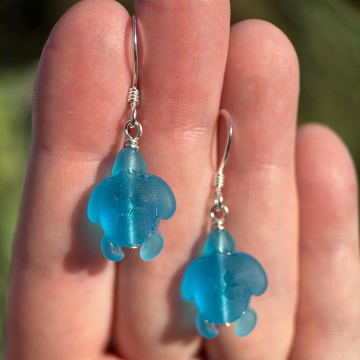 Sea Turtle Earrings - Cultured Recycled Faux "Sea Glass" Tortuga - Solid 925 Sterling Silver - Choose Your Color - Tropical Beach Vibes - SunlightSilver
