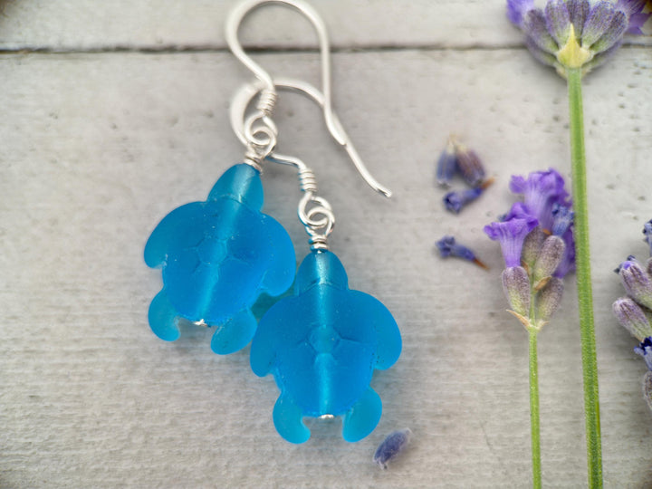 Sea Turtle Earrings - Cultured Recycled Faux "Sea Glass" Tortuga - Solid 925 Sterling Silver - Choose Your Color - Tropical Beach Vibes - SunlightSilver