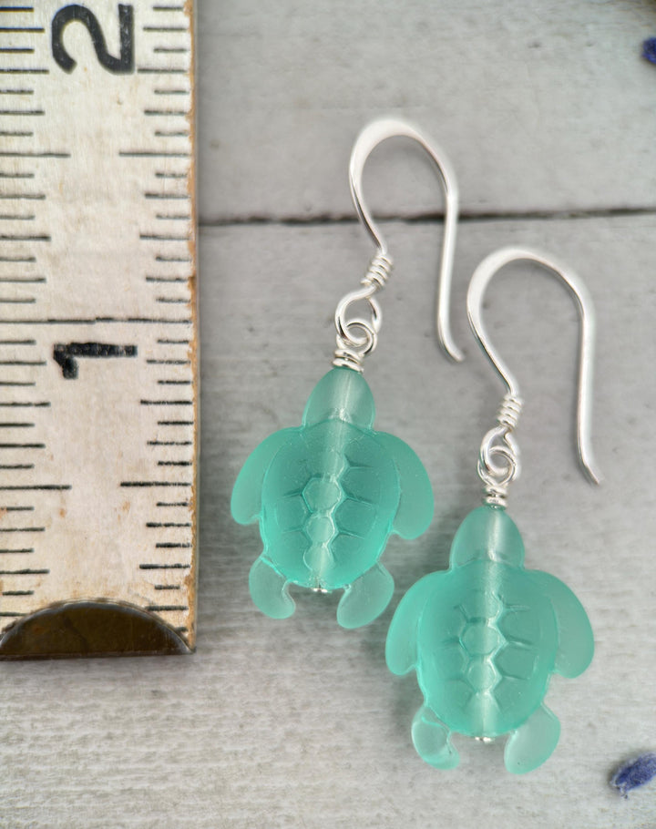 Sea Turtle Earrings - Cultured Recycled Faux "Sea Glass" Tortuga - Solid 925 Sterling Silver - Choose Your Color - Tropical Beach Vibes - SunlightSilver
