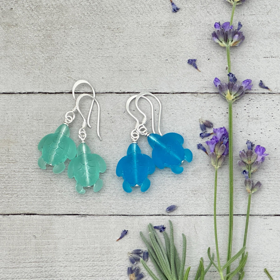 Sea Turtle Earrings - Cultured Recycled Faux "Sea Glass" Tortuga - Solid 925 Sterling Silver - Choose Your Color - Tropical Beach Vibes - SunlightSilver