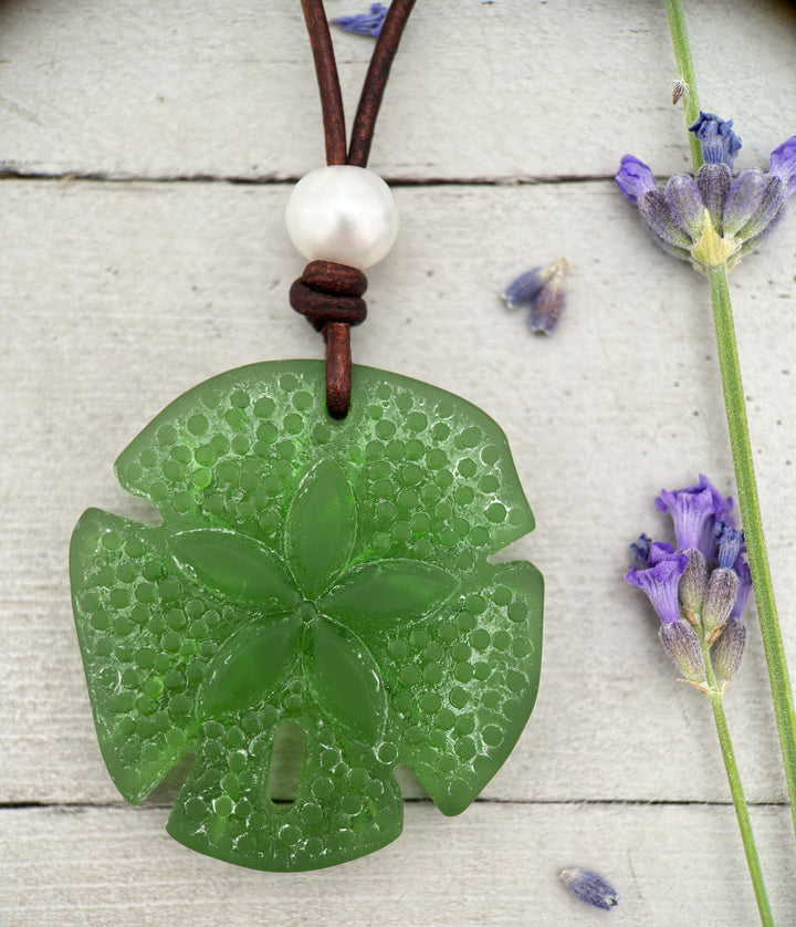 Sand Dollar Pendant Necklace - Cultured Faux "Sea Glass" - Leather - Your Choice of Color - Tropical Island Beach Vibes - Mermaid Coin - SunlightSilver
