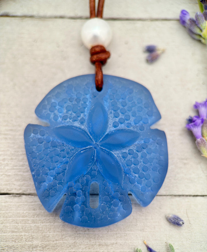 Sand Dollar Pendant Necklace - Cultured Faux "Sea Glass" - Leather - Your Choice of Color - Tropical Island Beach Vibes - Mermaid Coin - SunlightSilver