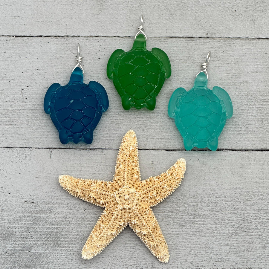 Sea Turtle Pendant - Cultured Faux Recycled "Sea Glass" Tortuga - Solid Sterling Silver - Choose your Color - Tropical Island Beach Vibes - SunlightSilver