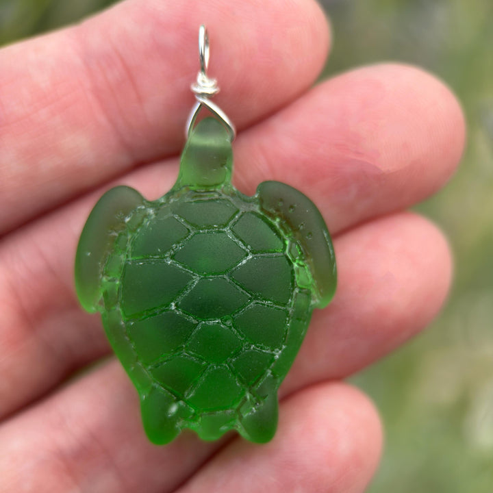 Sea Turtle Pendant - Cultured Faux Recycled "Sea Glass" Tortuga - Solid Sterling Silver - Choose your Color - Tropical Island Beach Vibes - SunlightSilver