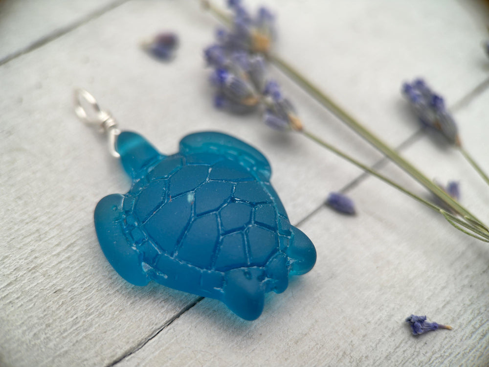 Sea Turtle Pendant - Cultured Faux Recycled "Sea Glass" Tortuga - Solid Sterling Silver - Choose your Color - Tropical Island Beach Vibes - SunlightSilver