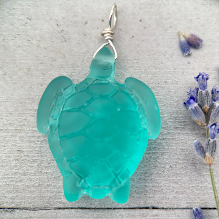 Sea Turtle Pendant - Cultured Faux Recycled "Sea Glass" Tortuga - Solid Sterling Silver - Choose your Color - Tropical Island Beach Vibes - SunlightSilver