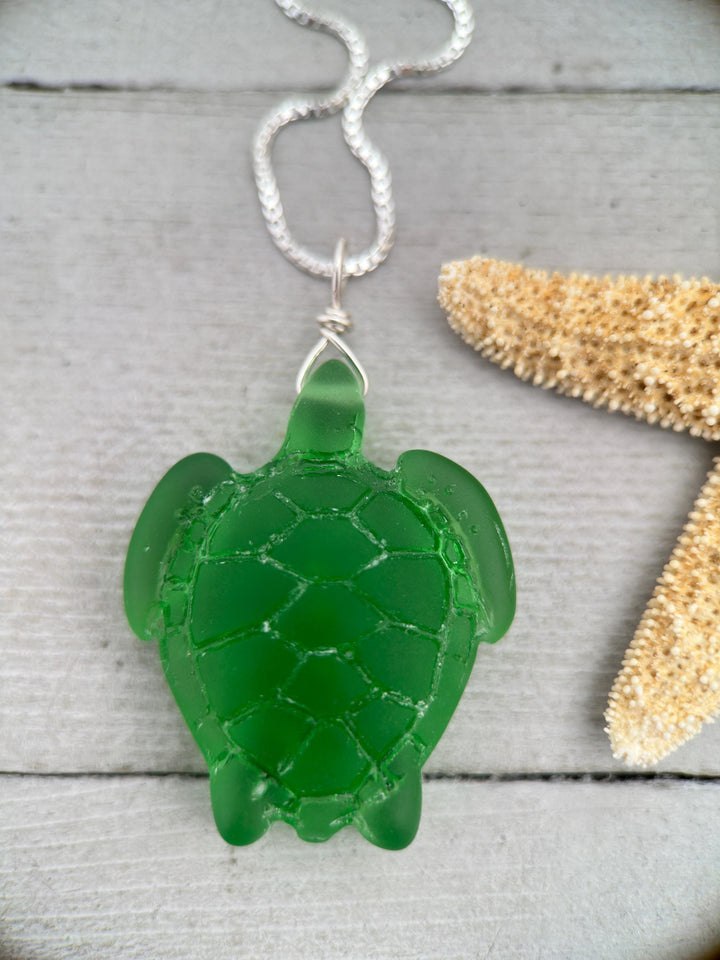 Sea Turtle Pendant - Cultured Faux Recycled "Sea Glass" Tortuga - Solid Sterling Silver - Choose your Color - Tropical Island Beach Vibes - SunlightSilver