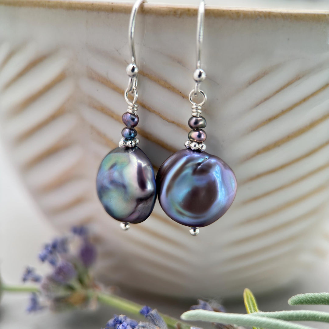 Peacock Baroque Coin Pearl Earrings – Iridescent Freshwater Pearls with Sterling Silver – Handmade in the USA - SunlightSilver