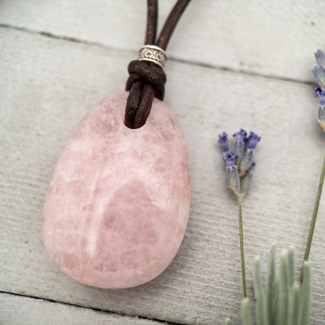 Rose Quartz Pendant Necklace – Polished Pink Gemstone on Brown Leather Cord – Light Pink Healing Crystal - Handmade in the USA - SunlightSilver