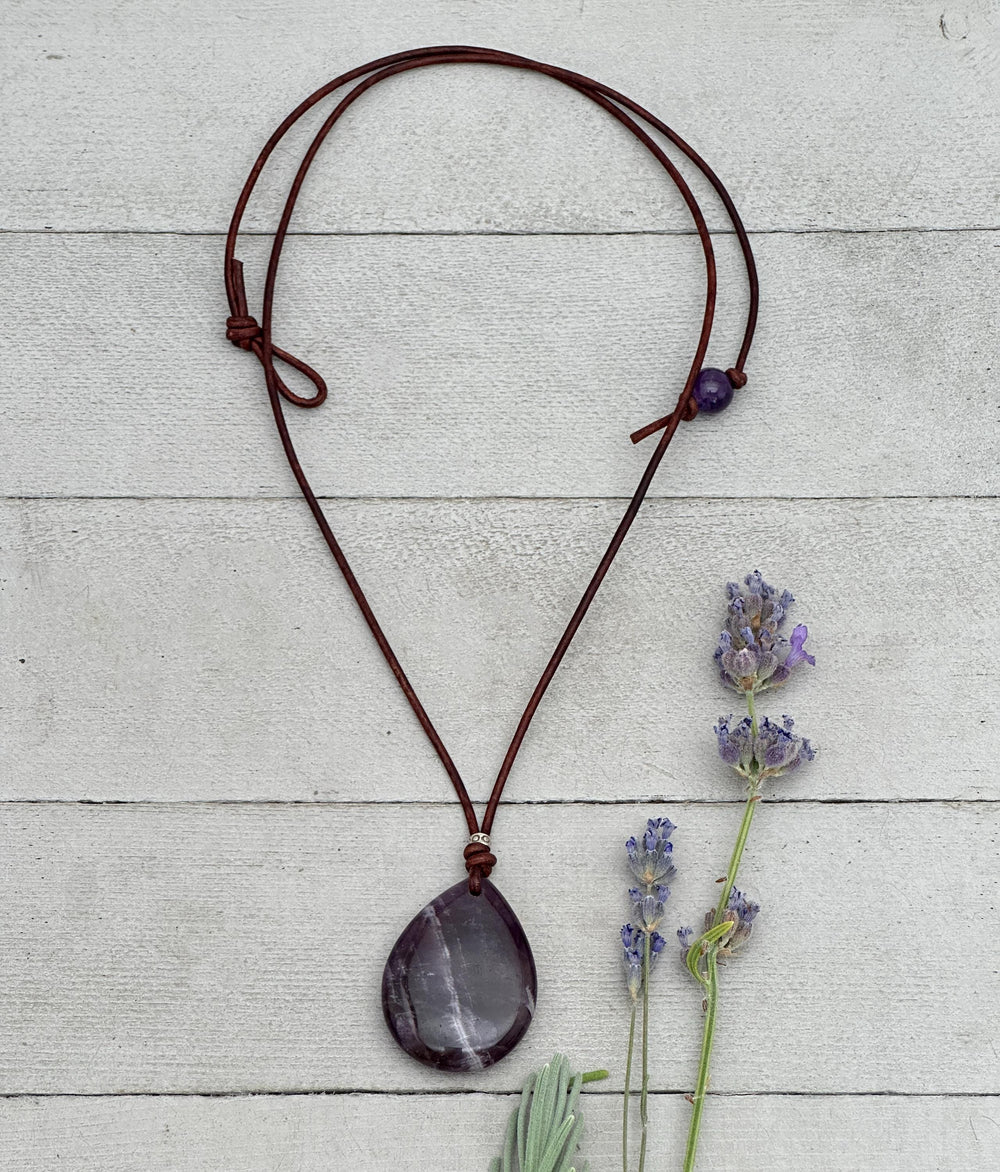 Large Amethyst Pendant Necklace – Deep Purple Gemstone on Rustic Leather – Healing Crystal - February Birthstone - Handmade in the USA - SunlightSilver