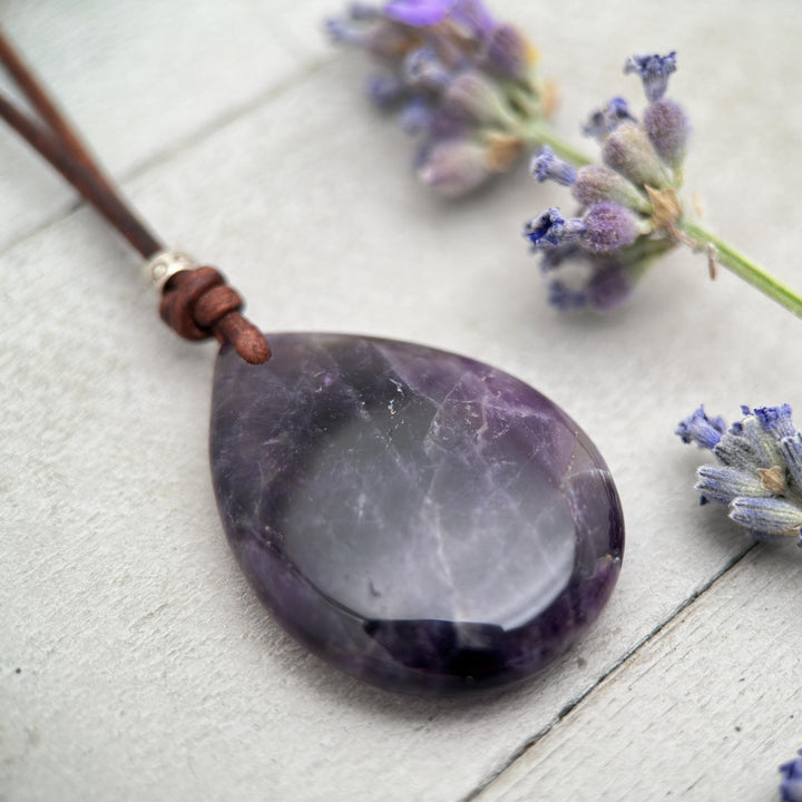 Large Amethyst Pendant Necklace – Deep Purple Gemstone on Rustic Leather – Healing Crystal - February Birthstone - Handmade in the USA - SunlightSilver