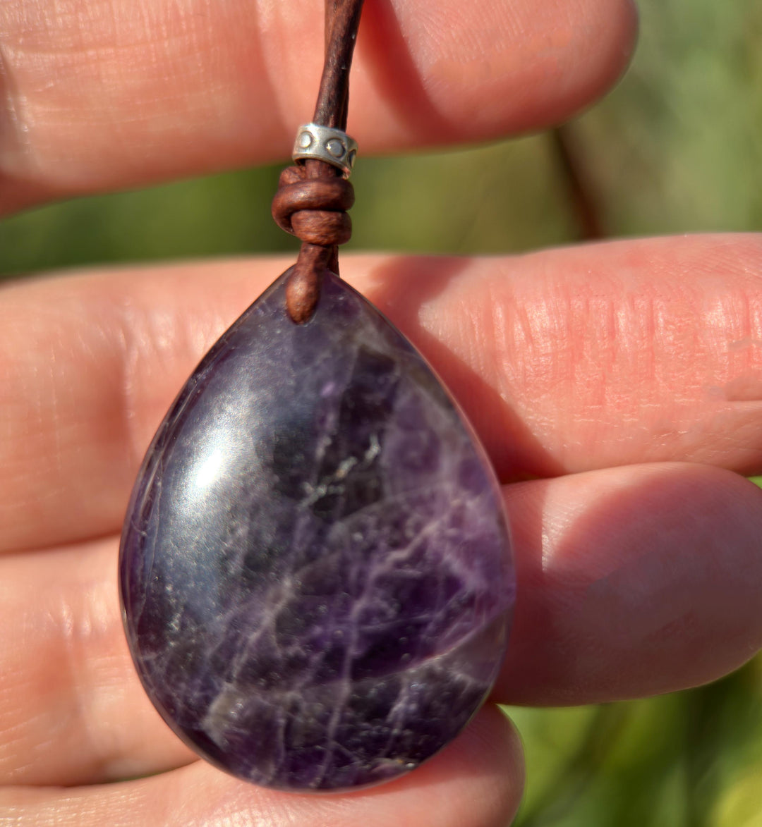 Large Amethyst Pendant Necklace – Deep Purple Gemstone on Rustic Leather – Healing Crystal - February Birthstone - Handmade in the USA - SunlightSilver