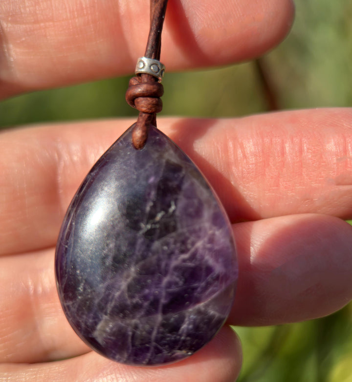 Large Amethyst Pendant Necklace – Deep Purple Gemstone on Rustic Leather – Healing Crystal - February Birthstone - Handmade in the USA - SunlightSilver