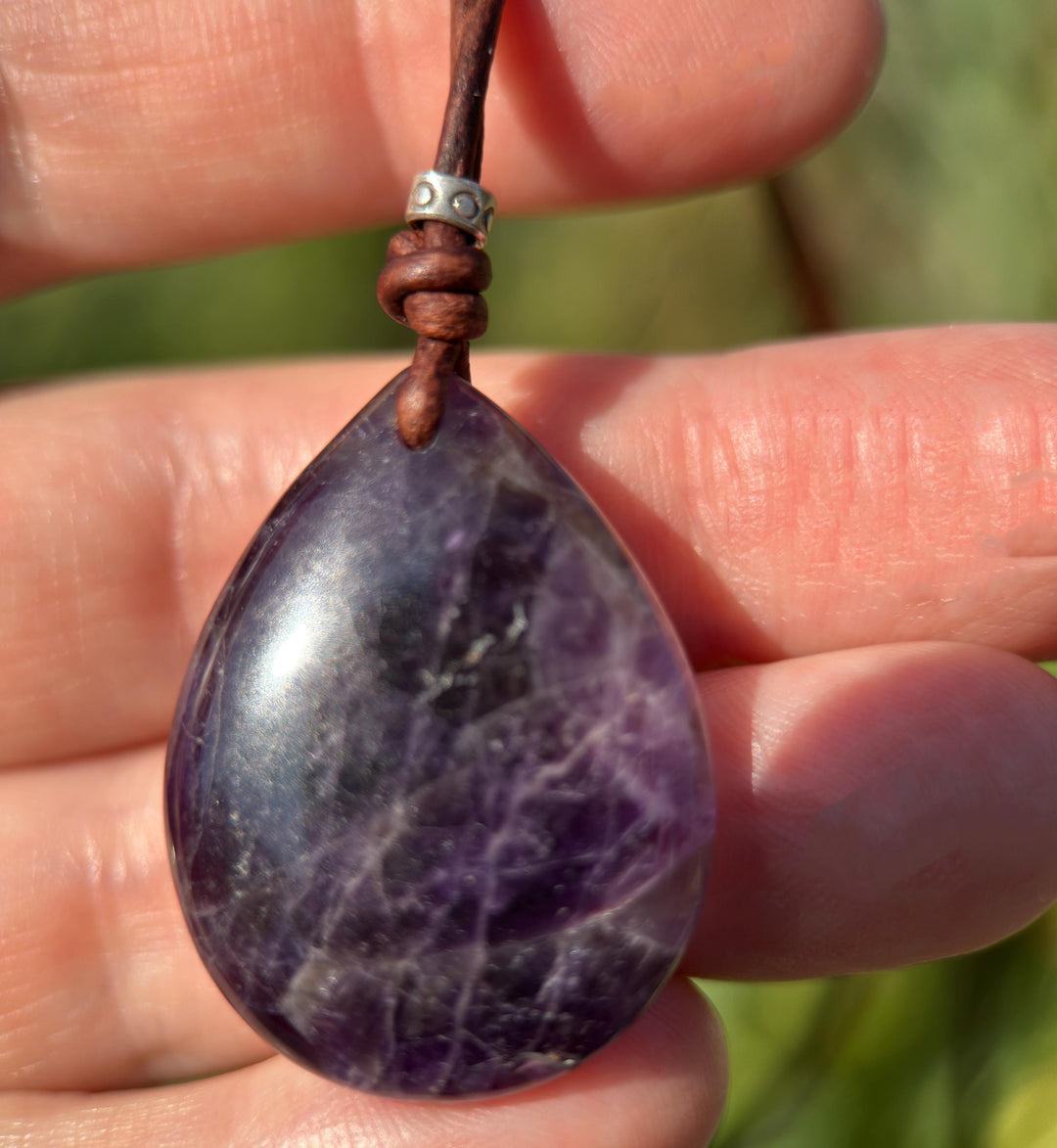 Large Amethyst Pendant Necklace – Deep Purple Gemstone on Rustic Leather – Healing Crystal - February Birthstone - Handmade in the USA - SunlightSilver