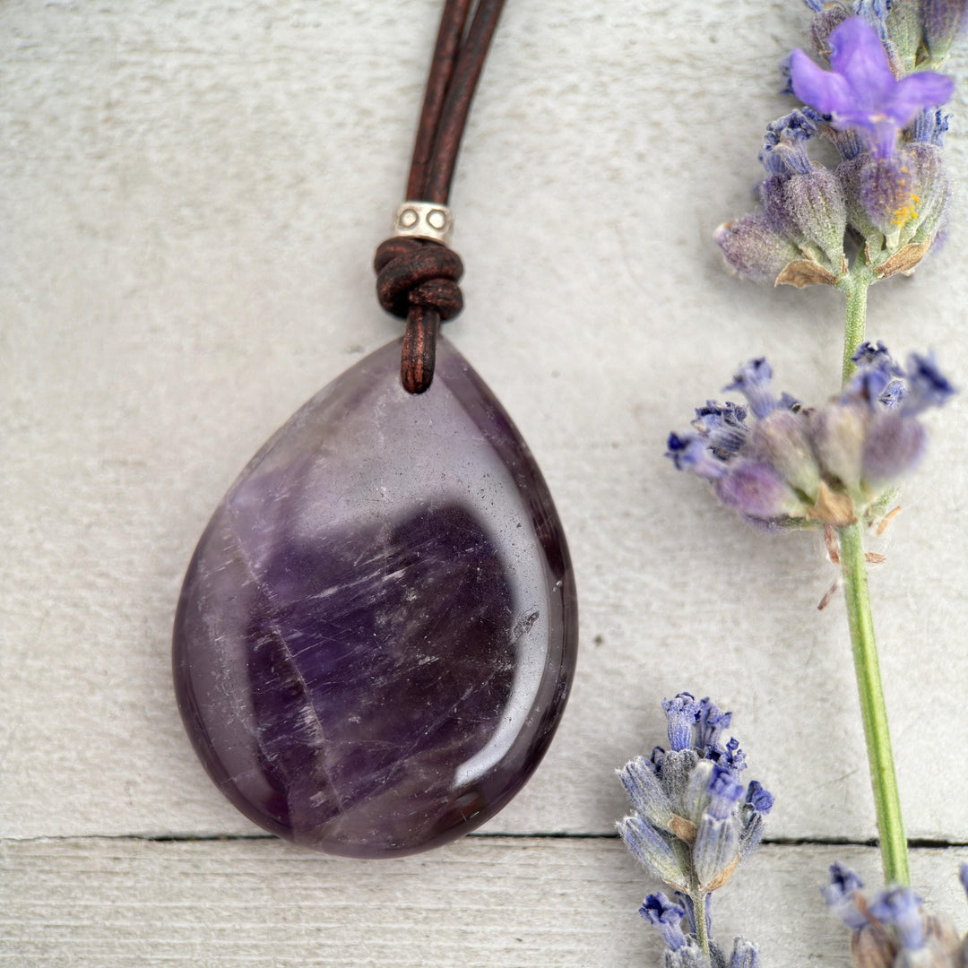 Large Amethyst Pendant Necklace – Deep Purple Gemstone on Rustic Leather – Healing Crystal - February Birthstone - Handmade in the USA - SunlightSilver