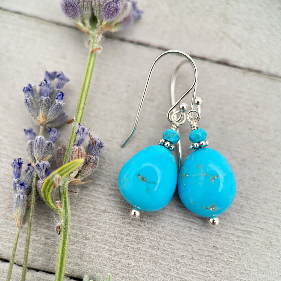 Kingman Turquoise Nugget Earrings – Bright Blue Arizona Turquoise with Sterling Silver – Handmade in the USA - SunlightSilver