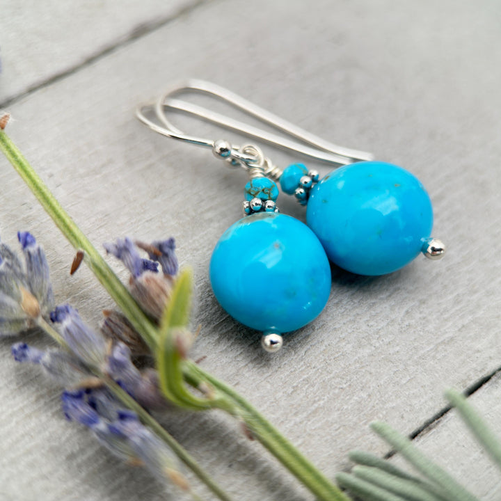 Kingman Turquoise Nugget Earrings – Bright Blue Arizona Turquoise with Sterling Silver – Handmade in the USA - SunlightSilver