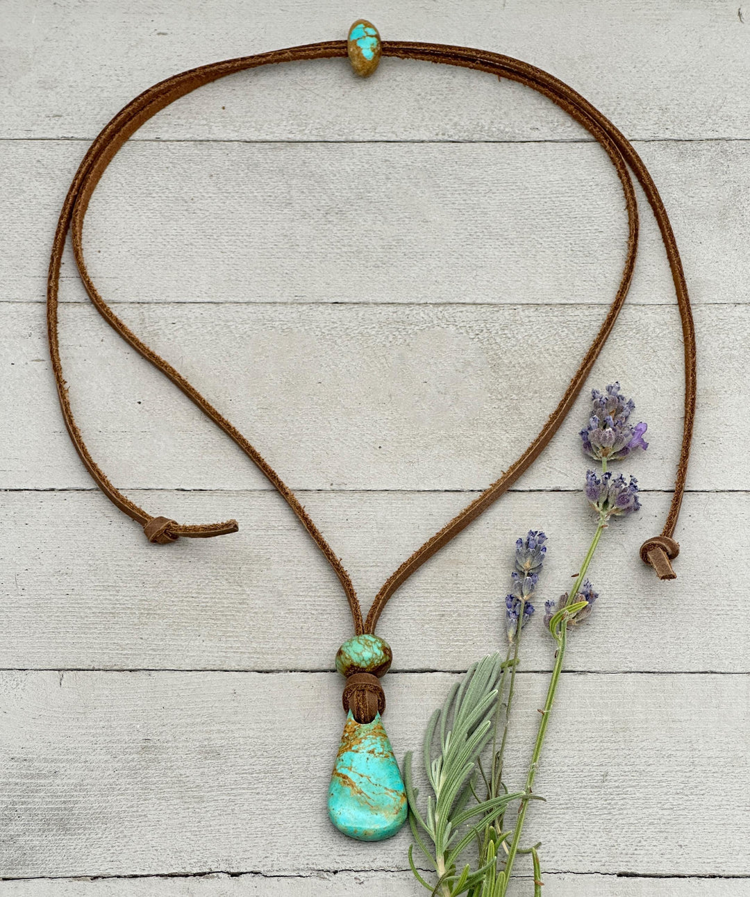 Kingman Turquoise Leather Necklace – Adjustable Brown Cord with Arizona Turquoise Pendant – Handmade in the USA - SunlightSilver