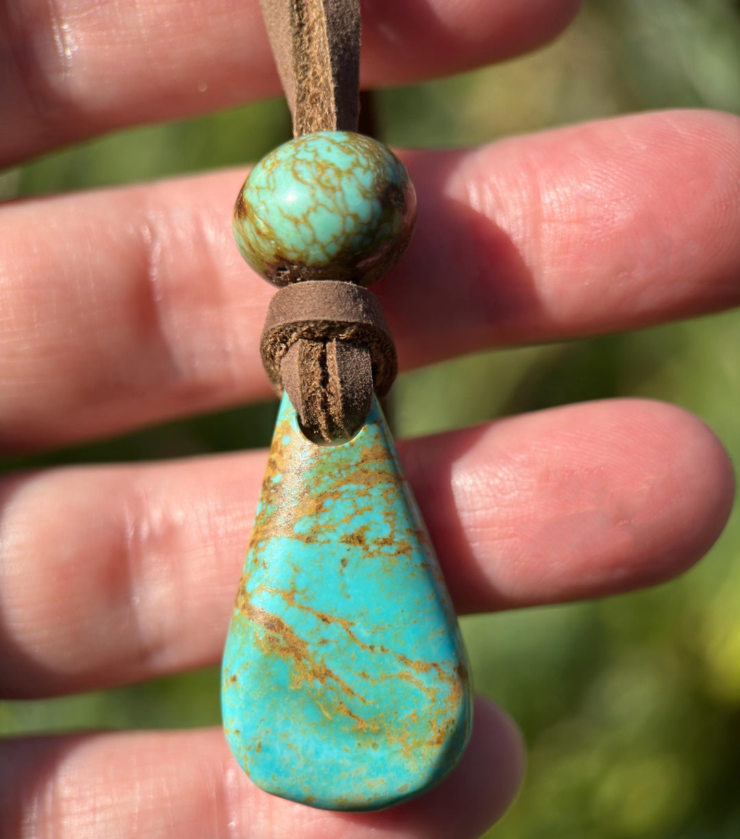 Kingman Turquoise Leather Necklace – Adjustable Brown Cord with Arizona Turquoise Pendant – Handmade in the USA - SunlightSilver